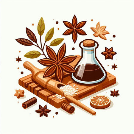 Cinnamon, star anise, cinnamon sticks, cloves and sugar. Vector illustration.のイラスト素材