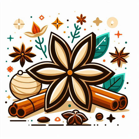 Cinnamon sticks, star anise and spices. Vector illustration.のイラスト素材