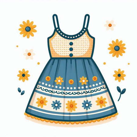 Cute summer dress with floral pattern and flowers. Vector illustration.のイラスト素材
