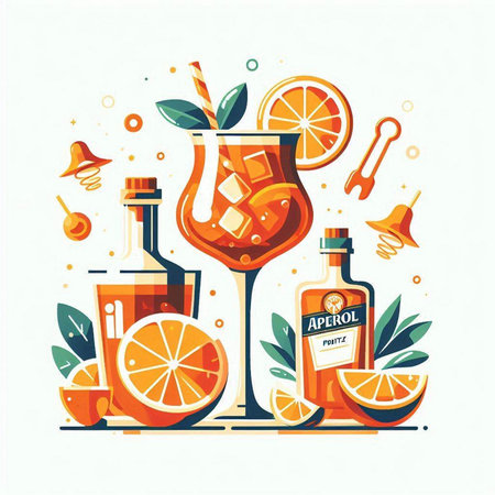 Cocktail party. Vector illustration in flat style. Cocktail with lime, orange, ice, mint and straws.のイラスト素材