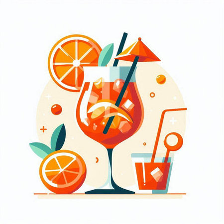 Cocktail with orange, lemon and straw. Flat vector illustration.のイラスト素材