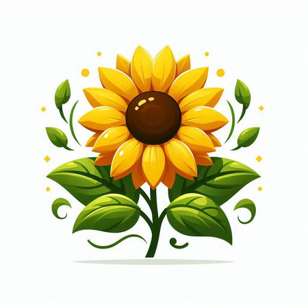 Sunflower with green leaves isolated on white background. Vector illustration.のイラスト素材