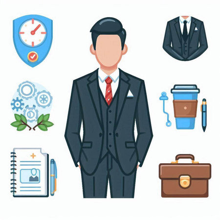 Businessman icons set. Vector illustration in flat style. Businessman in a suit with a briefcase and a cup of coffee.のイラスト素材