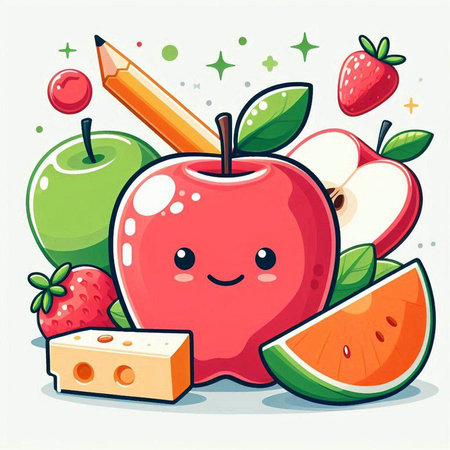 Funny apple fruit character with pencils and cheese. Vector illustration.のイラスト素材