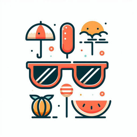 Summer flat line icon set. Vector illustration of sunglasses, beach umbrella, watermelon and other elements.のイラスト素材