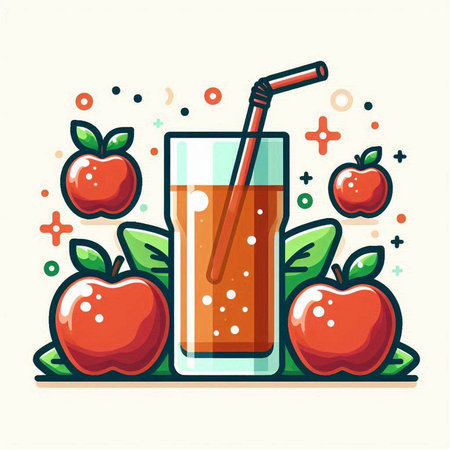 Apple juice in a glass with a straw and ripe apples. Vector illustration.のイラスト素材