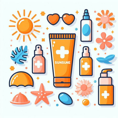 Vector illustration of sun protection flat icons set. Sun protection symbols.のイラスト素材
