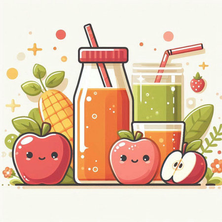 Fruit juice in a glass bottle with a straw. Vector illustration.のイラスト素材