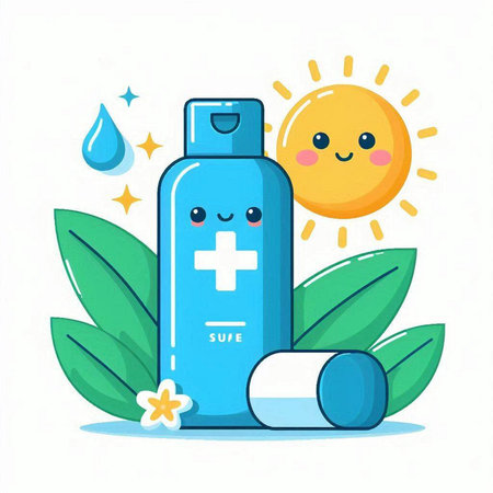 Cute cartoon character of sun and sunscreen bottle. Vector illustration.のイラスト素材