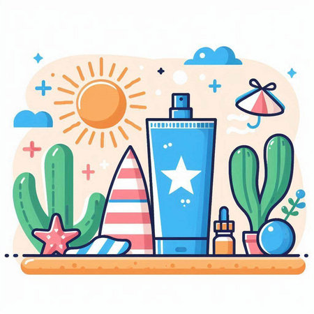 Sunscreen lotion, sunblock cream, starfish, cactus and other summer elements. Flat style vector illustration.のイラスト素材