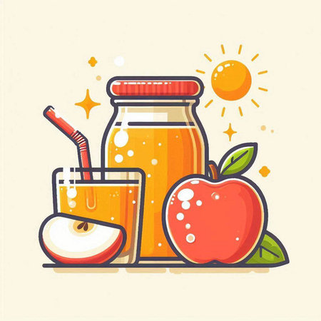 Apple juice in a glass jar and apple slices. Vector illustration.のイラスト素材