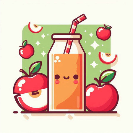 Smiling fresh juice in a bottle and apples. Vector illustration.のイラスト素材