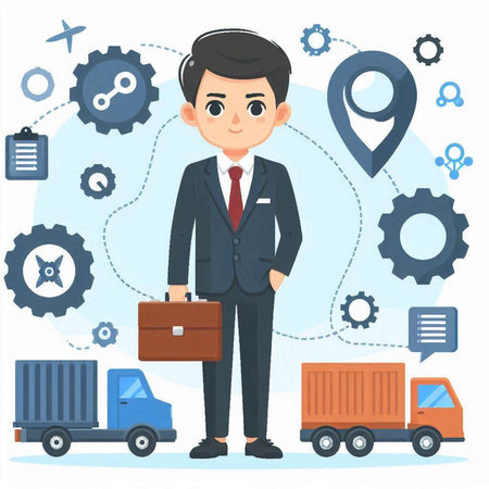 Businessman with suitcase standing near cargo truck in flat style. Vector illustrationのイラスト素材