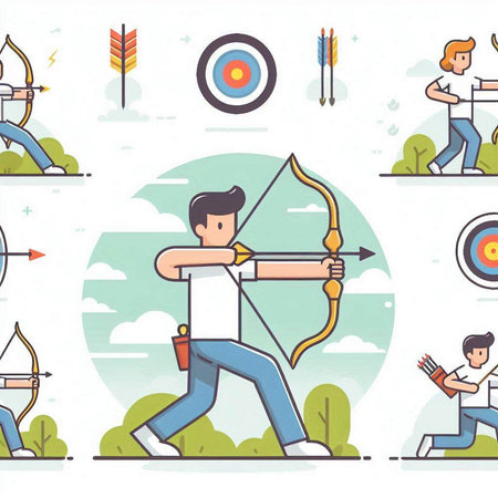 Archery and Archery Flat Icons Set. Vector Illustrationのイラスト素材