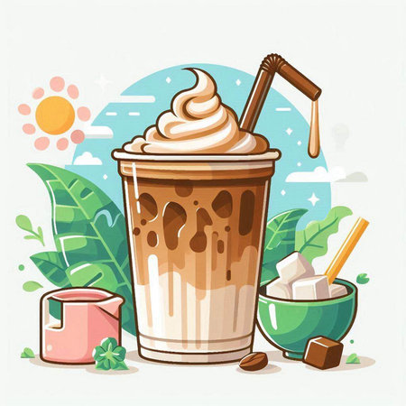 Coffee with whipped cream and chocolate in a glass. Vector illustration.のイラスト素材