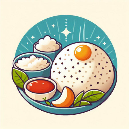 Illustration of rice and egg in a plate. Vector illustration.のイラスト素材