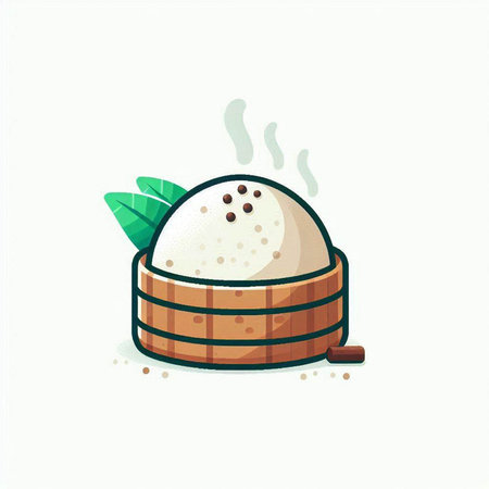 Illustration of steamed sticky rice in a wooden bowl. Vector illustration.のイラスト素材