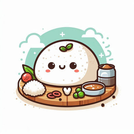 Illustration of rice ball on white background. Cute cartoon character.のイラスト素材