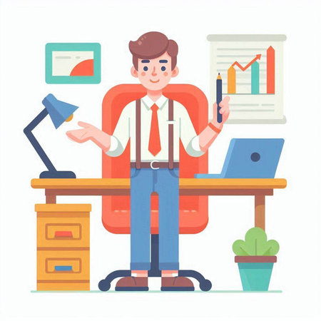 Businessman sitting at office desk and working on laptop. Flat vector illustration.のイラスト素材