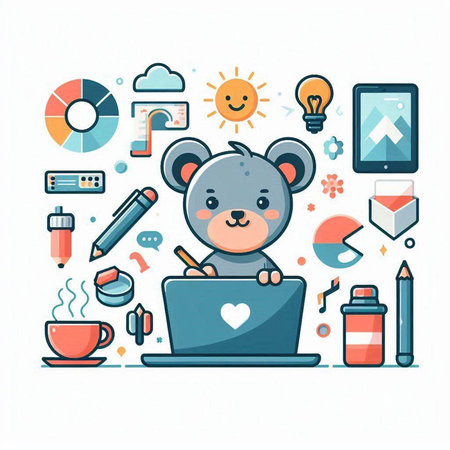 Flat design vector illustration concept of online education. Cute cartoon bear with laptop, cup of coffee, pencils, mobile phone and other things.のイラスト素材