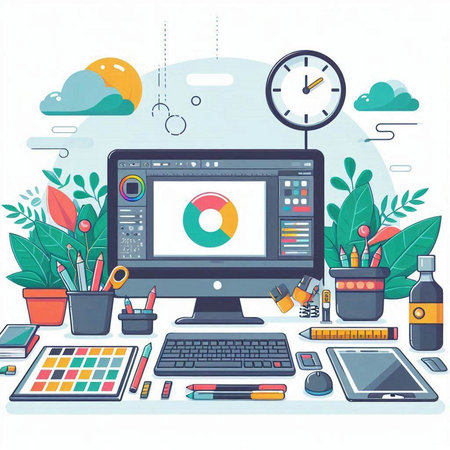 Designer workplace with graphic designer tools and computer monitor. Vector illustrationのイラスト素材