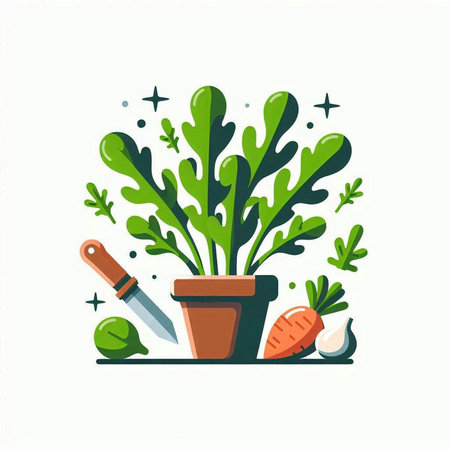 Vector illustration of a plant in a pot with a knife and carrots.のイラスト素材