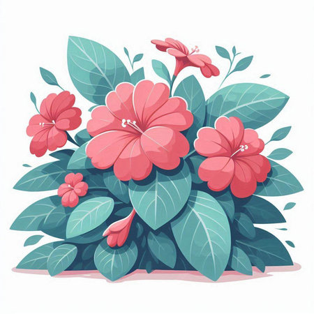 Pink hibiscus flower with green leaves. Vector illustration.のイラスト素材