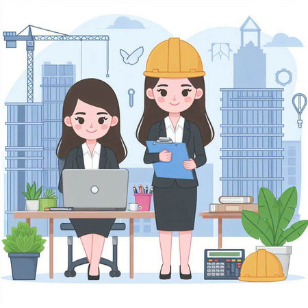 Businesswoman and engineer working in the office. Vector Illustration.のイラスト素材