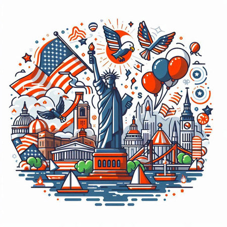 Statue of Liberty and USA symbols in circle. Vector illustration.のイラスト素材