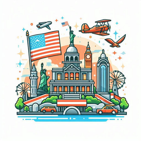 Travel to United States of America. Vector illustration in flat style.のイラスト素材