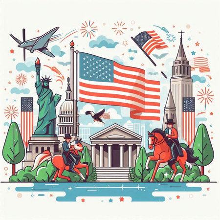 American flag, Statue of Liberty and other symbols. Vector illustration.のイラスト素材