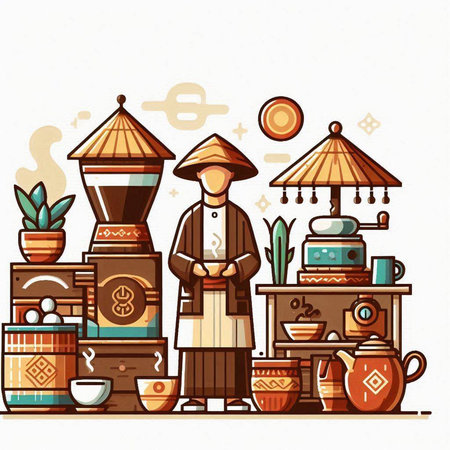 Vector illustration of a man in traditional clothes standing in front of the coffee shop.のイラスト素材