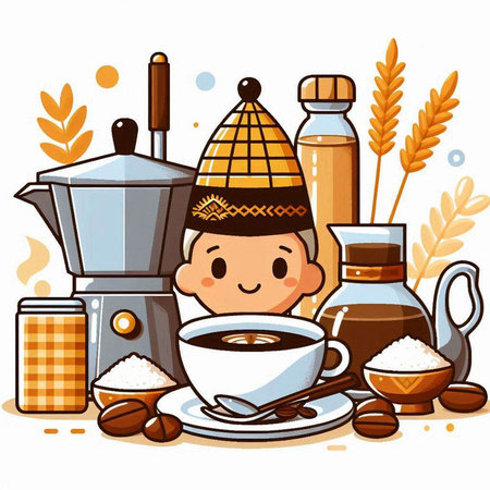 Cute boy with coffee cup and moka pot. Vector illustration.のイラスト素材