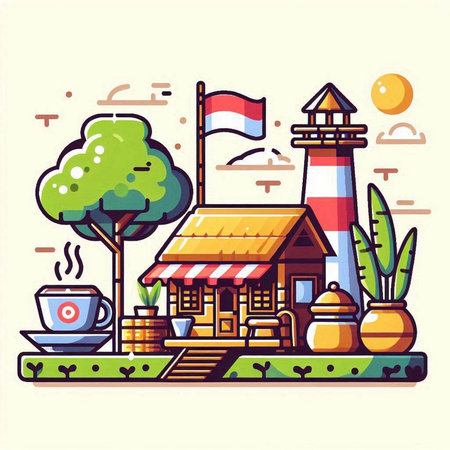 Lighthouse, coffee house, cafe, restaurant. Vector illustration.のイラスト素材