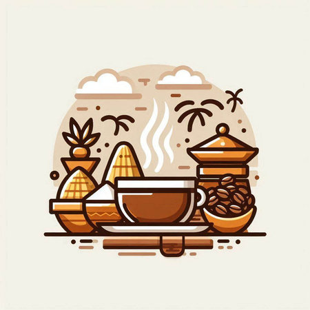 Coffee in flat line style. Vector illustration of a cup of hot drink, coffee pot, saucer, baguette and palm leaves.のイラスト素材