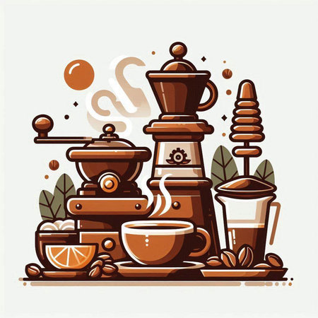 Coffee grinder, cup of coffee and coffee beans. Vector illustration.のイラスト素材