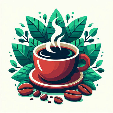 Cup of coffee with coffee beans and leaves. Vector illustration.のイラスト素材