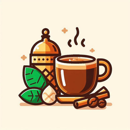 Coffee cup and coffee beans with cinnamon sticks. Vector illustration.のイラスト素材