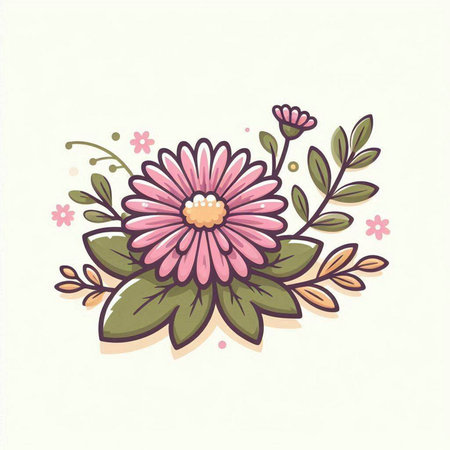 Floral card with pink daisy flowers and leaves. Vector illustration.のイラスト素材