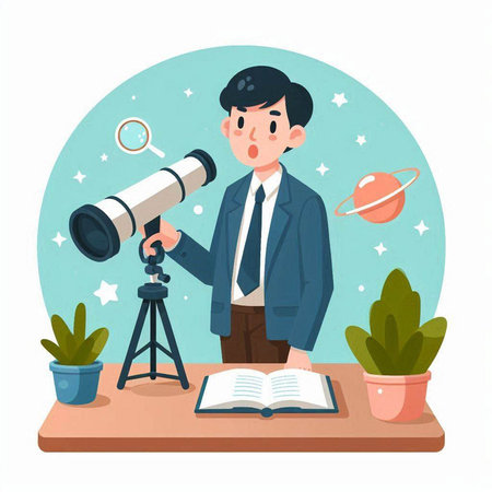 Businessman with telescope. Vector illustration in a flat style. Businessman looking through a telescope.のイラスト素材