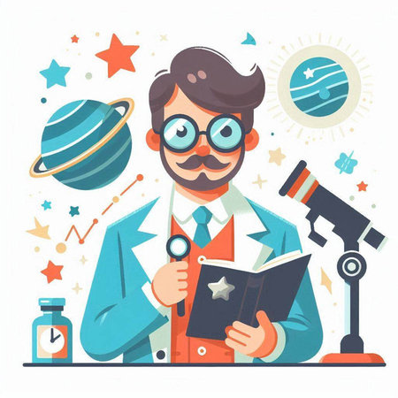 Scientist with a book and telescope. Vector illustration in cartoon styleのイラスト素材