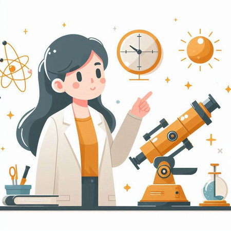Scientist woman with microscope. Vector illustration in flat cartoon style.のイラスト素材