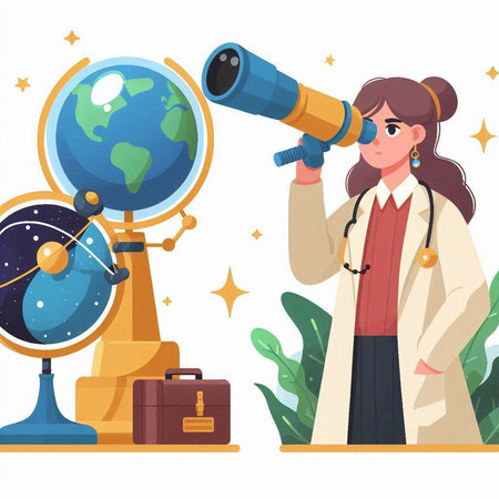 Vector illustration of a girl in a white coat with a telescope and a globe.のイラスト素材