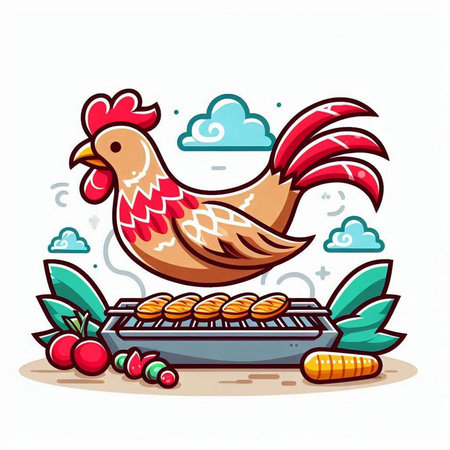 Rooster rooster on grill with fresh vegetables. Vector illustration.のイラスト素材