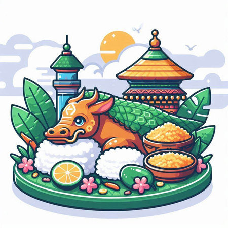 Vector illustration of the Chinese New Year of the Ox with rice, lemon and lantern on the backgroundのイラスト素材