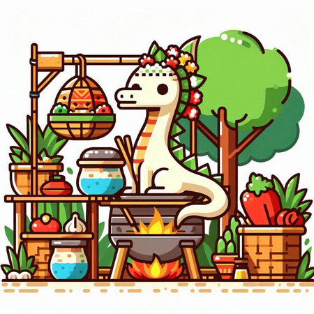 Vector illustration of a dragon on a barbecue in the garden. Cartoon style.のイラスト素材