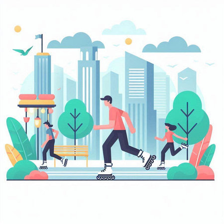 People on roller skates in the city park. Flat vector illustration.のイラスト素材