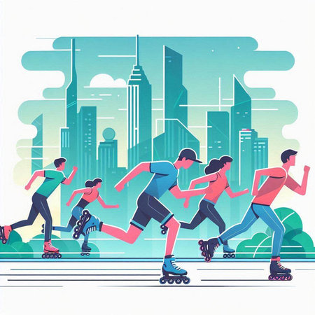 Group of people rollerblading in the city. Vector illustration.のイラスト素材