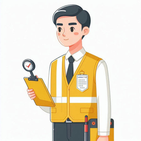 Illustration of a man in a safety vest holding a clipboard.のイラスト素材