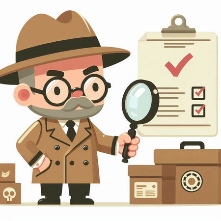 Cartoon detective with magnifying glass and checklist. Vector illustration.のイラスト素材